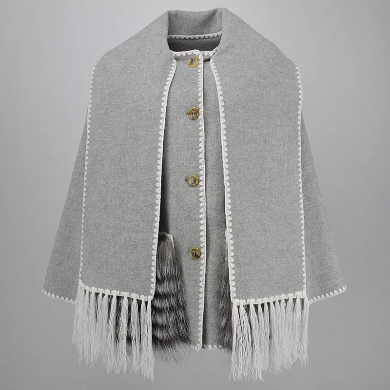 MENHR BONITA-Veste d'hiver en fourrure de renard argenté véritable pour femme, manteau en cachemire avec pompon, col écharpe, mélanges de laine, nouveau