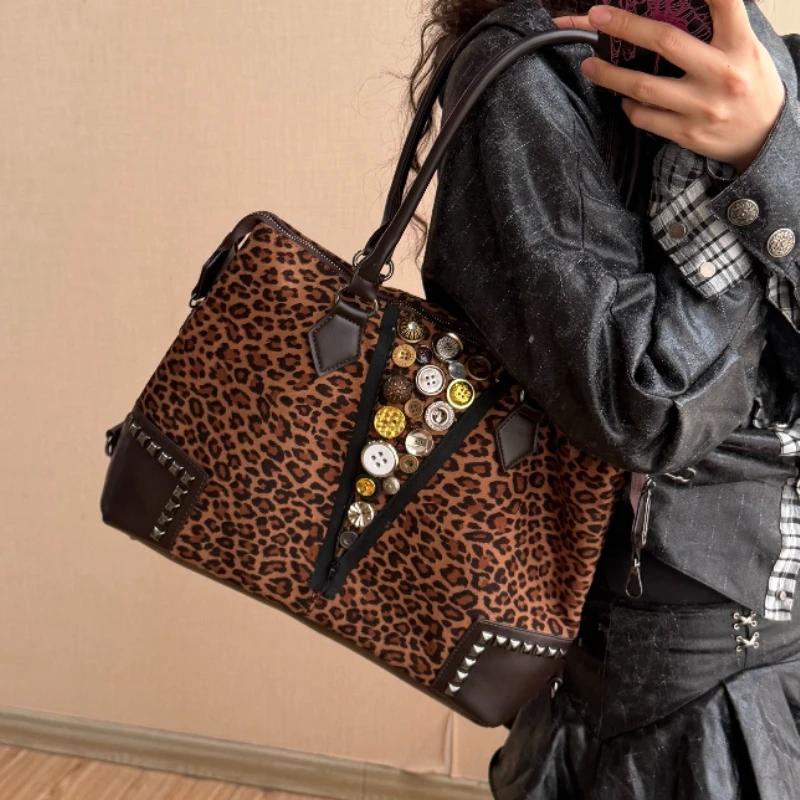 

Retro Leopard Print Shoulder Bag Large Capacity Commuter Tote Сумка Y2k Женская Через Плечо Purse for Daily Use