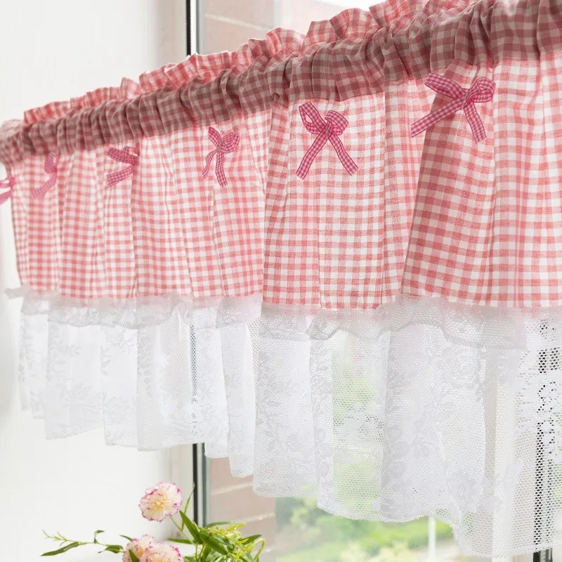 French Country Cafe Curtain Gingham Sheer Kitchen Curtain, Breathable Valance for Window, Room Divider Romantic Decor