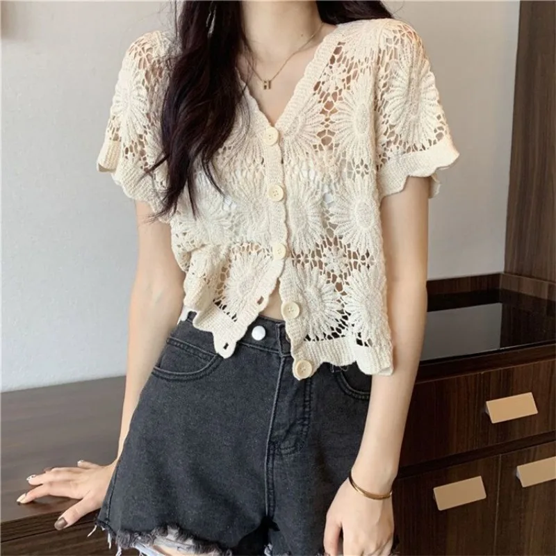 

Women's Hollow Out Crochet Knit Lace Cardigan French Style Short Sleeve V-Neck Sheer Crop Top Summer Beach Cover Up Blouse