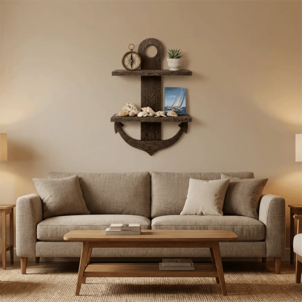 Wooden Anchor Design Wall Shelf Nautical Style Retro Wall Mounted Shelf Double-Layer Modern Floating Shelves Wall Decor