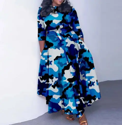 

Womens Dresses 2025 Spring Autumn New Fashion Camouflage Printed Round Neck Long Sleeve Lace Up Waist Cinching Casual Long Dress