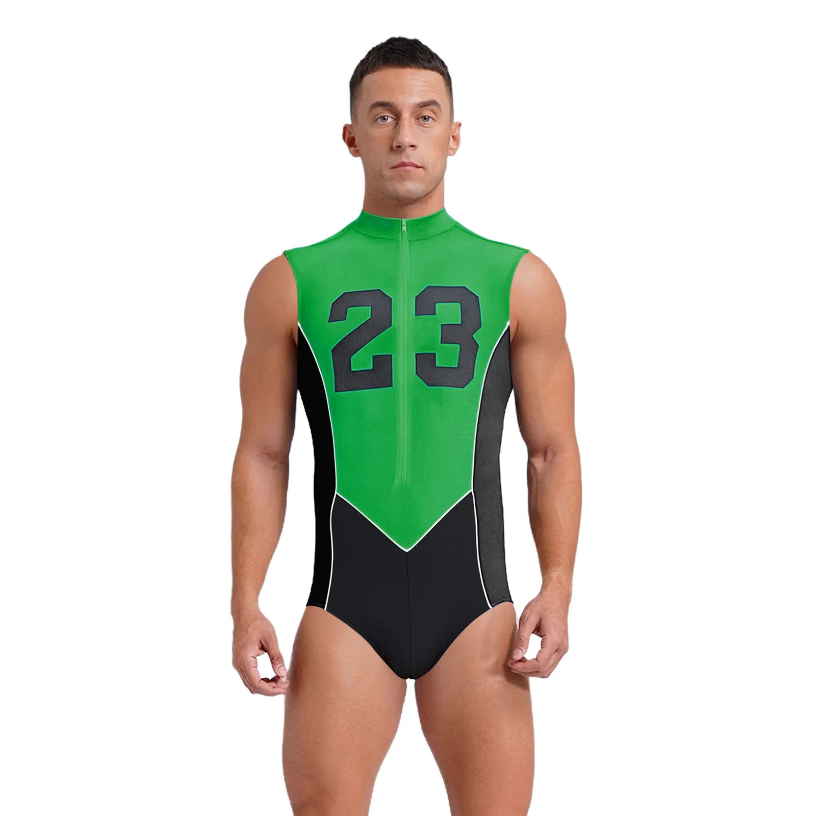 Men Sport Workout Bodysuits Sleeveless Number Printed Patchwork Leotard for Cycling Swimming Running Workout Exercise Outfits