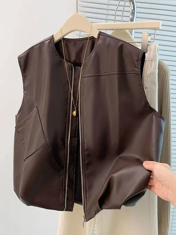 

Женский жилет из искусственной кожи Sensation Design Sensation, свободная посадка, рабочая одежда для похудения, верхняя одежда на молнии, повседневная мода