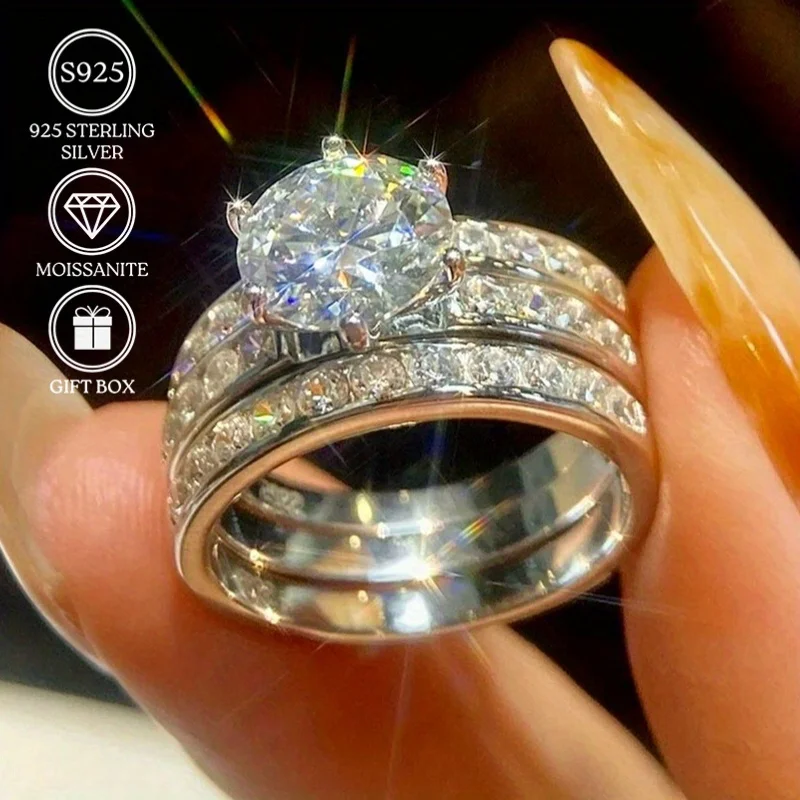 

3pcs 2/5Carat Exquisite and Luxurious 925 Silver Moissanite Rings, Exuding Nobility, The Elegant and Grand Style Makes.