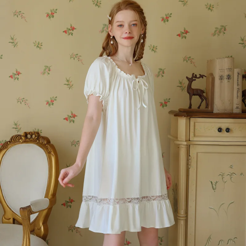 Sweet Princess Short Sleeves Lace Nightdress French Sexy Knee-Length Nightie Comfy Cotton Loose Homedress Nightwear For Women