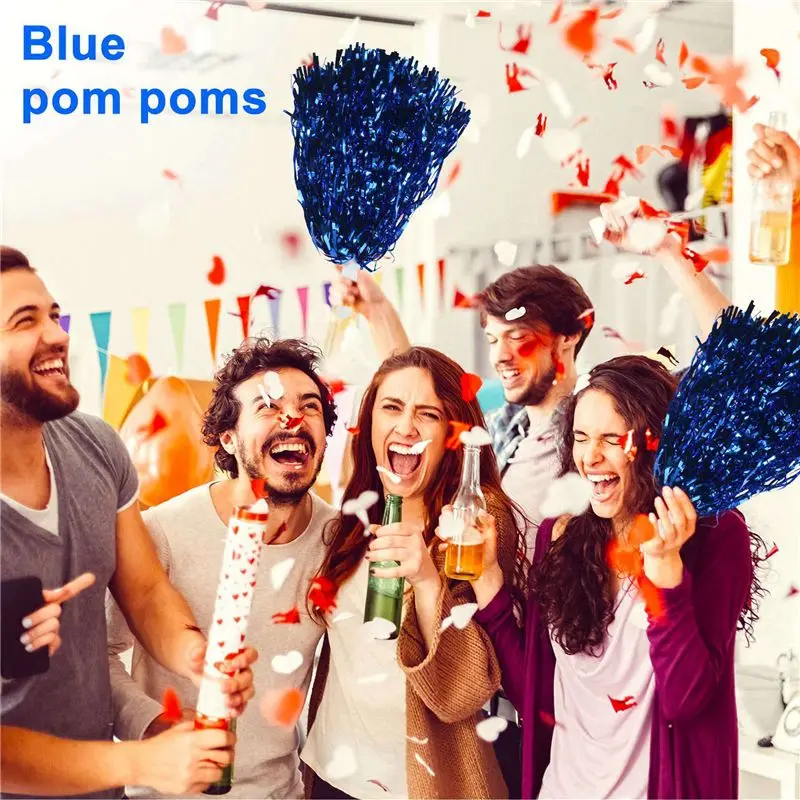 HOES-96Pcs Cheerleading Pom Poms Metallic Foil Cheer Pom Poms With Plastic Handle For Adults Kids Cheerleaders Party Blue