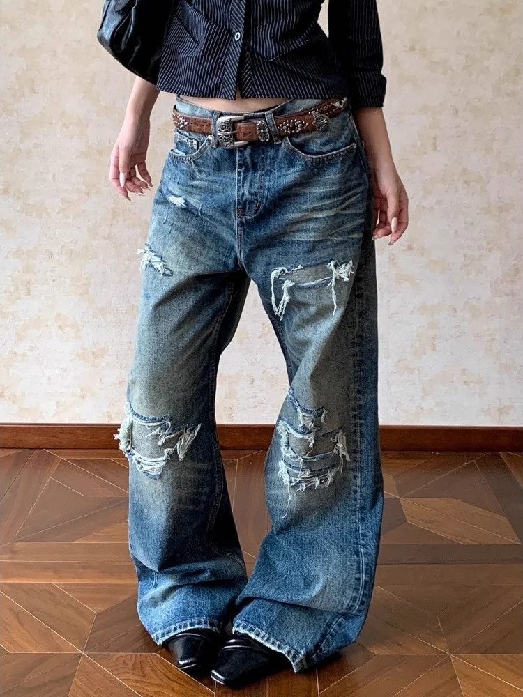 

Американские винтажные джинсы унисекс с эффектом потертости, пэчворком и дырками, свободные широкие брюки для мужчин и женщин, повседневные уличные джинсы