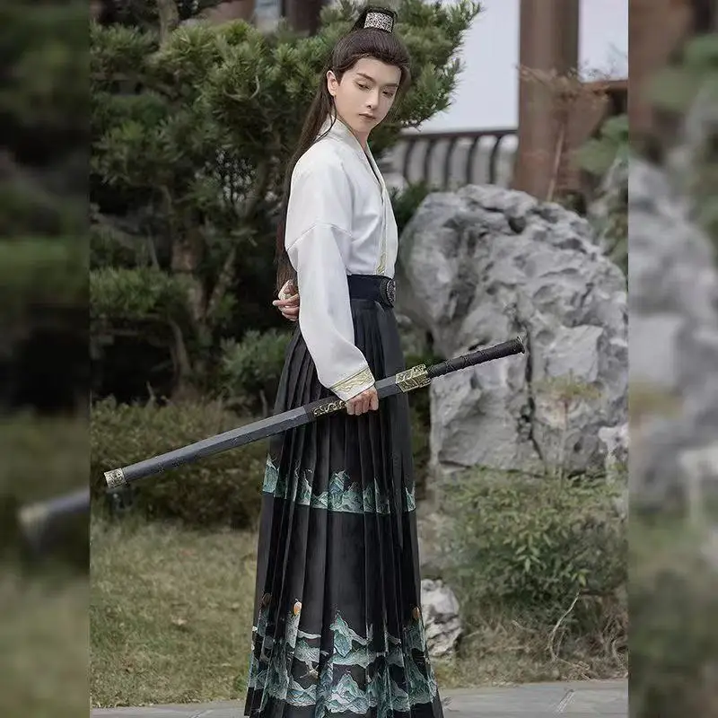 ผู้ชายทอทอง Horse Face กระโปรงคลาสสิกแบบดั้งเดิม Jacquard Hanfu Vintage คู่ Stage Party รูปภาพชุดสวมใส่ทุกวัน