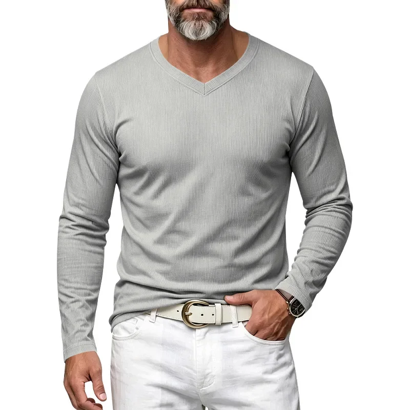 Camiseta de manga larga con cuello en V para hombre, jersey de punto elástico con tejido acanalado, camisa básica de estilo informal, ideal para primavera y otoño, para hombres de Europa y América.
