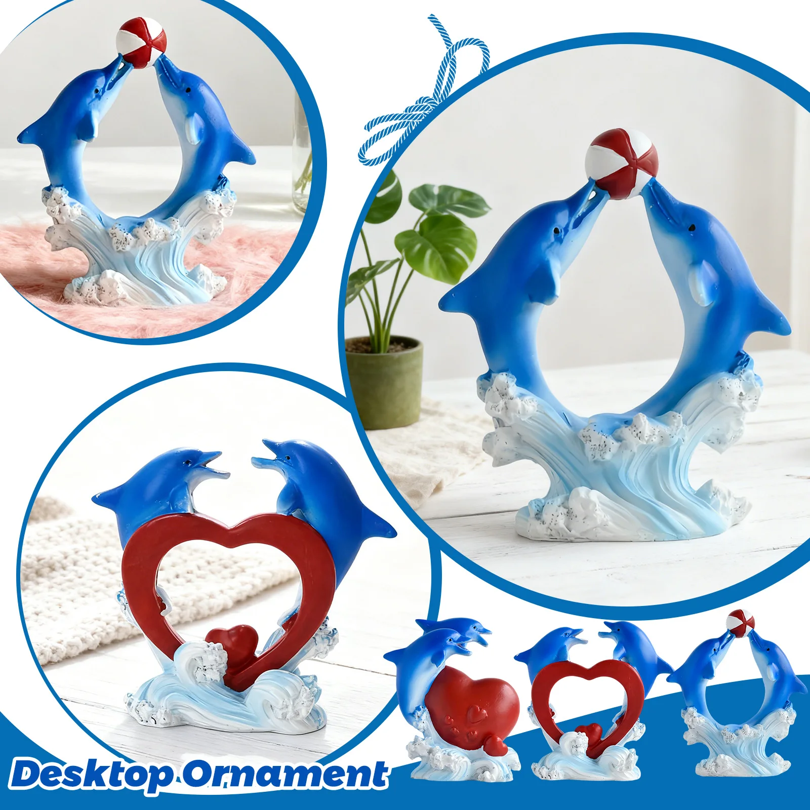 Dolphin & Heart Home Decor Figurine Ocean Theme Resin Ornament, Cute Desktop Statue For Living Room Bedroom Shelf Tabletop