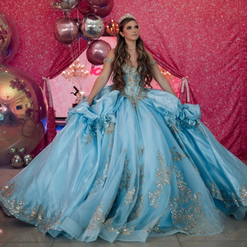 

Sky Blue Shiny Quinceanera Dresses Ball Gown Off The Shoulder Applique Lace Beads Tull Corset Party Birthday Sweet 16 Dress Vest