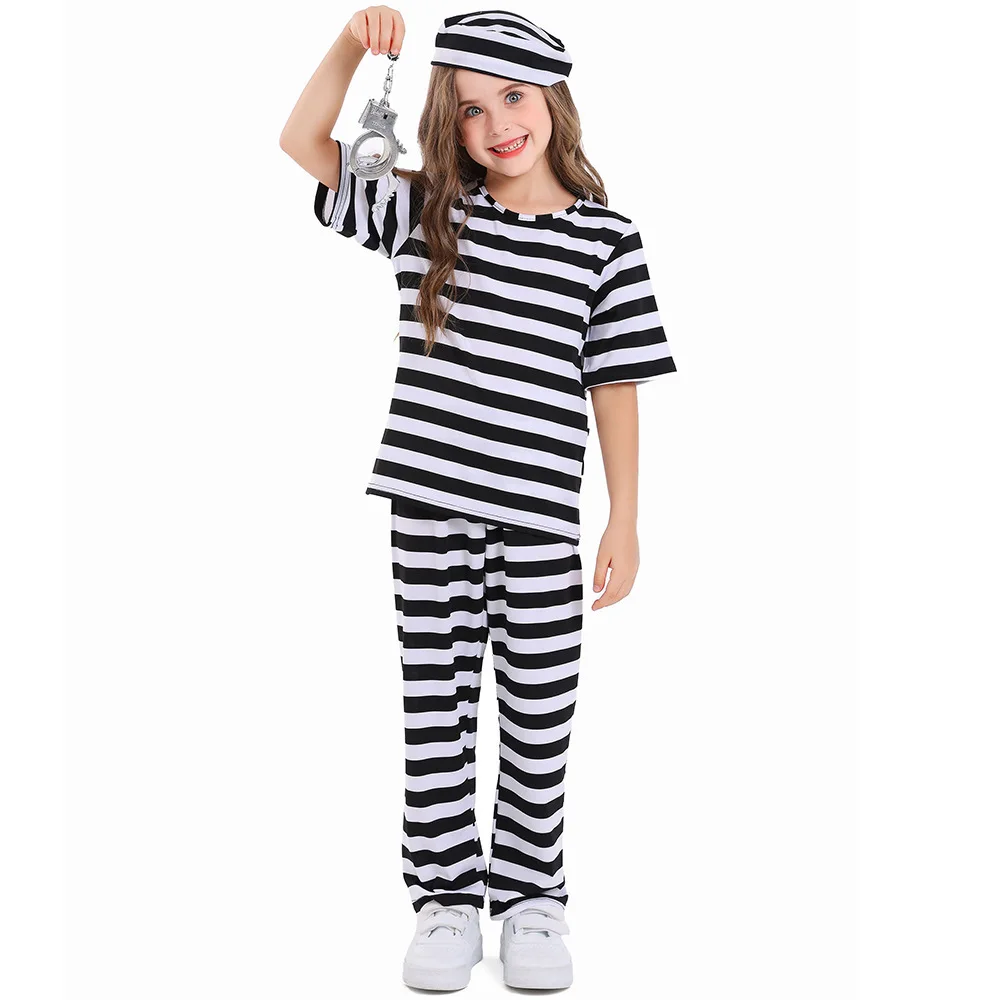 Children's Prisoner Role-play Costume New Product Unisex Black And White Striped Prisoner Outfit