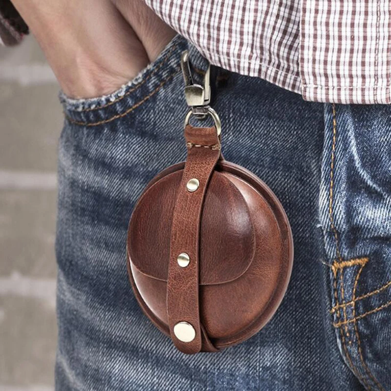 Round Small Coin Purse Data Cable Earphone Storage Bag Protective Pocket Medieval Retro Men Women Genuine Leather Wallet