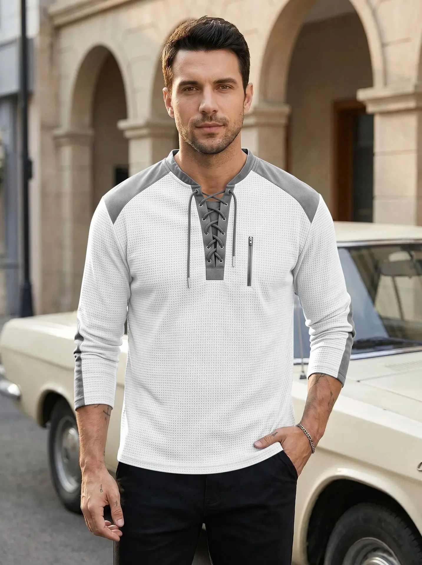 men's spring and autumn tether top waffle color matching long-sleeved casual foreign trade sports breathable sweater