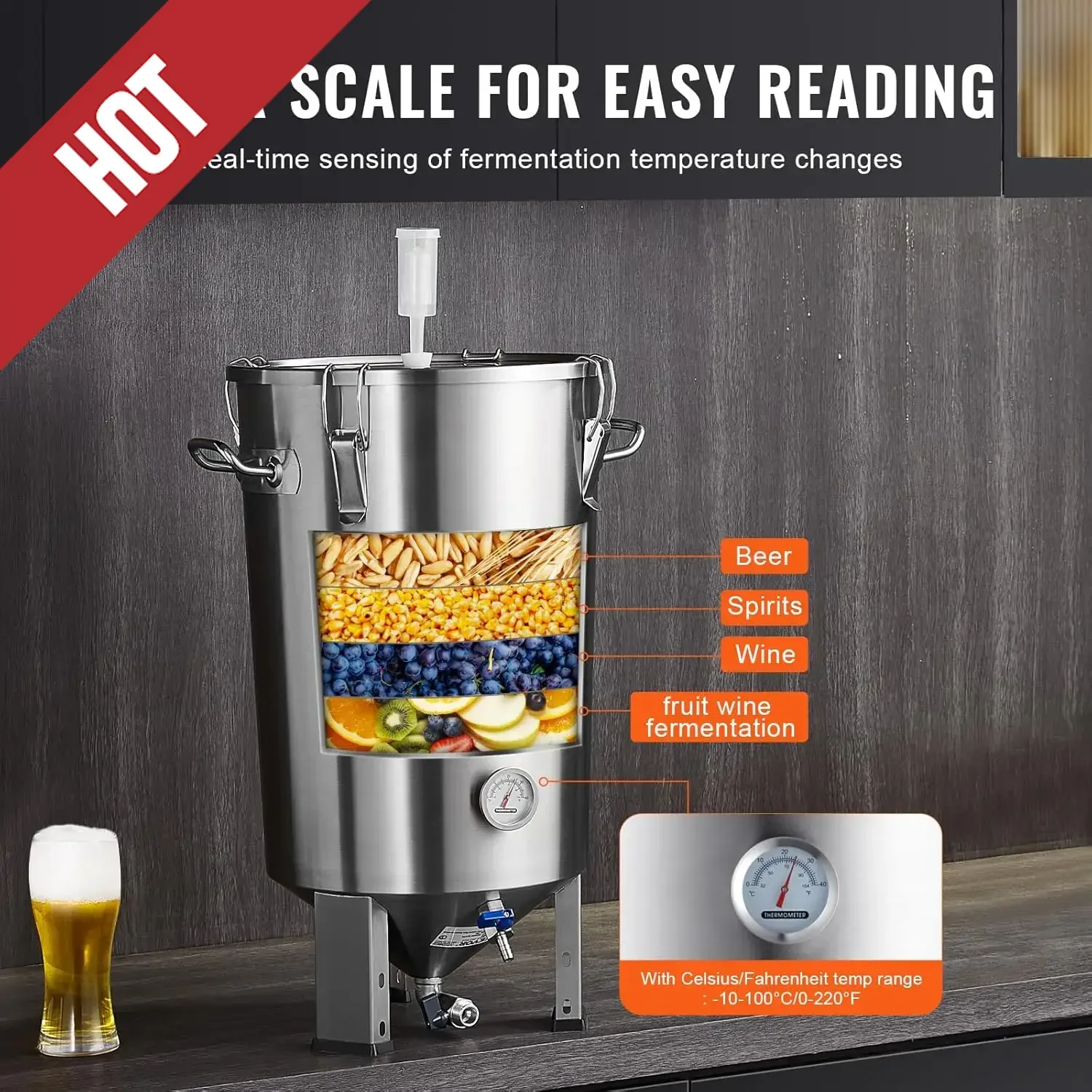 خزان التخمير سعة 8 جالون من الفولاذ المقاوم للصدأ لتخمير المشروب دلو تخمير للتخمير المنزلي مع تخمير قاعدة مخروطية،