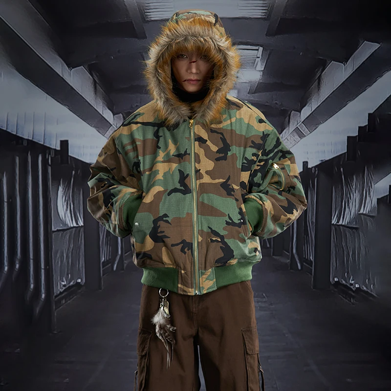 LUZHEN 2025 الشتاء موضة الصوف نحى بطانة سميكة فو الفراء مقنعين معطف مبطّن الرجال التمويه المطبوعة سترة سترة JY5339