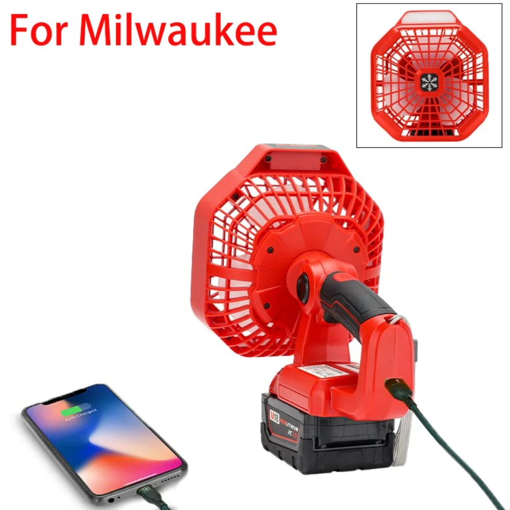 

For Milwaukee 18V Li-ion Batteries LED Camping Fan Cordless Portable Fan with USB Port for Repairing Cars and Outdoor Camping