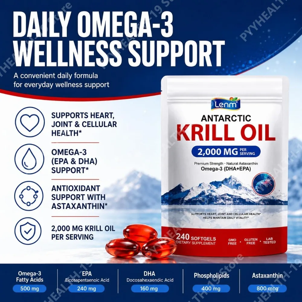 Lemm Antarctic Krill Oil Softgels with Omega-3 EPA, DHA & Astaxanthin for Heart, Joint & Cellular Health, Adults, 240 Softgels