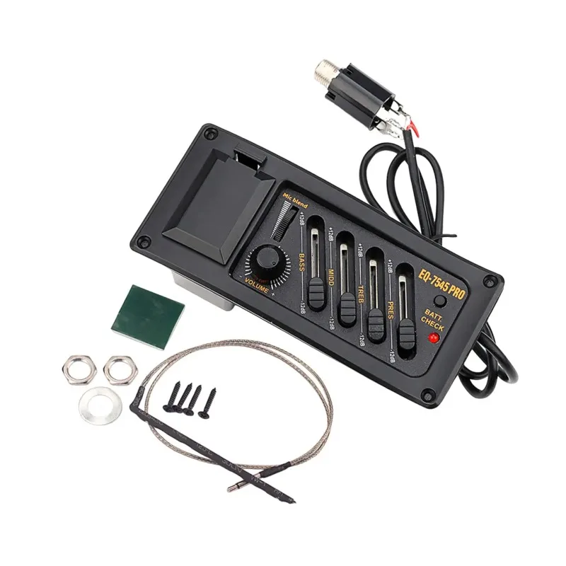 

Acoustic Guitar Pickup with 2.5mm Plug Wire 4 Band Equalizer EQ 7545 Pro Preamp Amplifier Equalizer Tuner Piezo Pickup Black