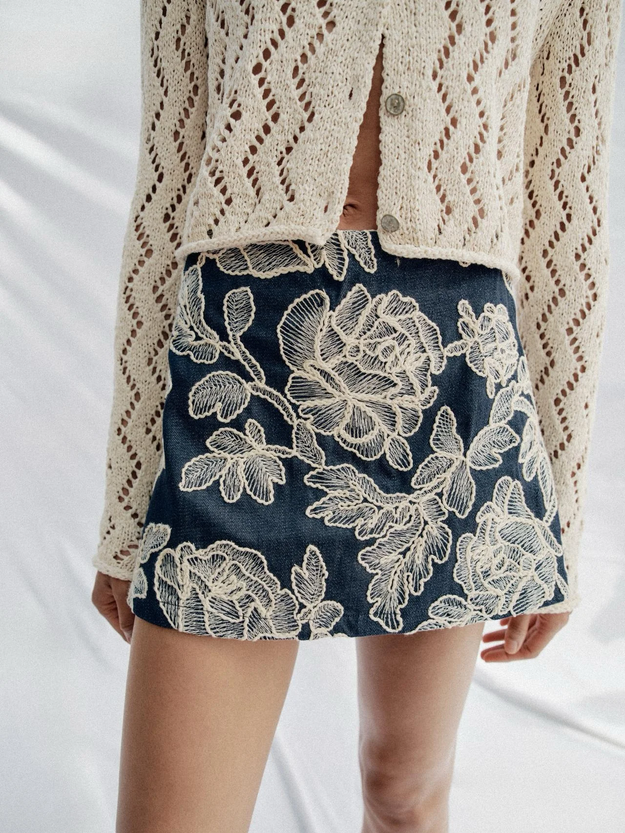 Women's Floral Embroidered Skort, Navy Blue Denim-Style Floral Embroidered A-line Mini Skort, Short Skirt With Built-in Shorts