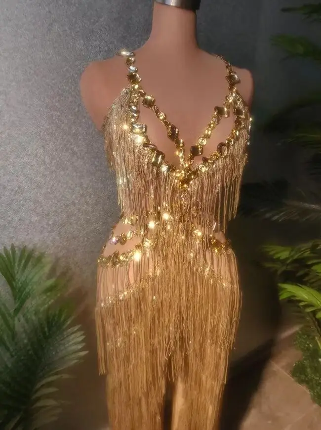 Gold Sequins Fringes Rhinestones Transparent Jumpsuit Evening Birthday Celebrate Costume Dancer  Singer Outfit