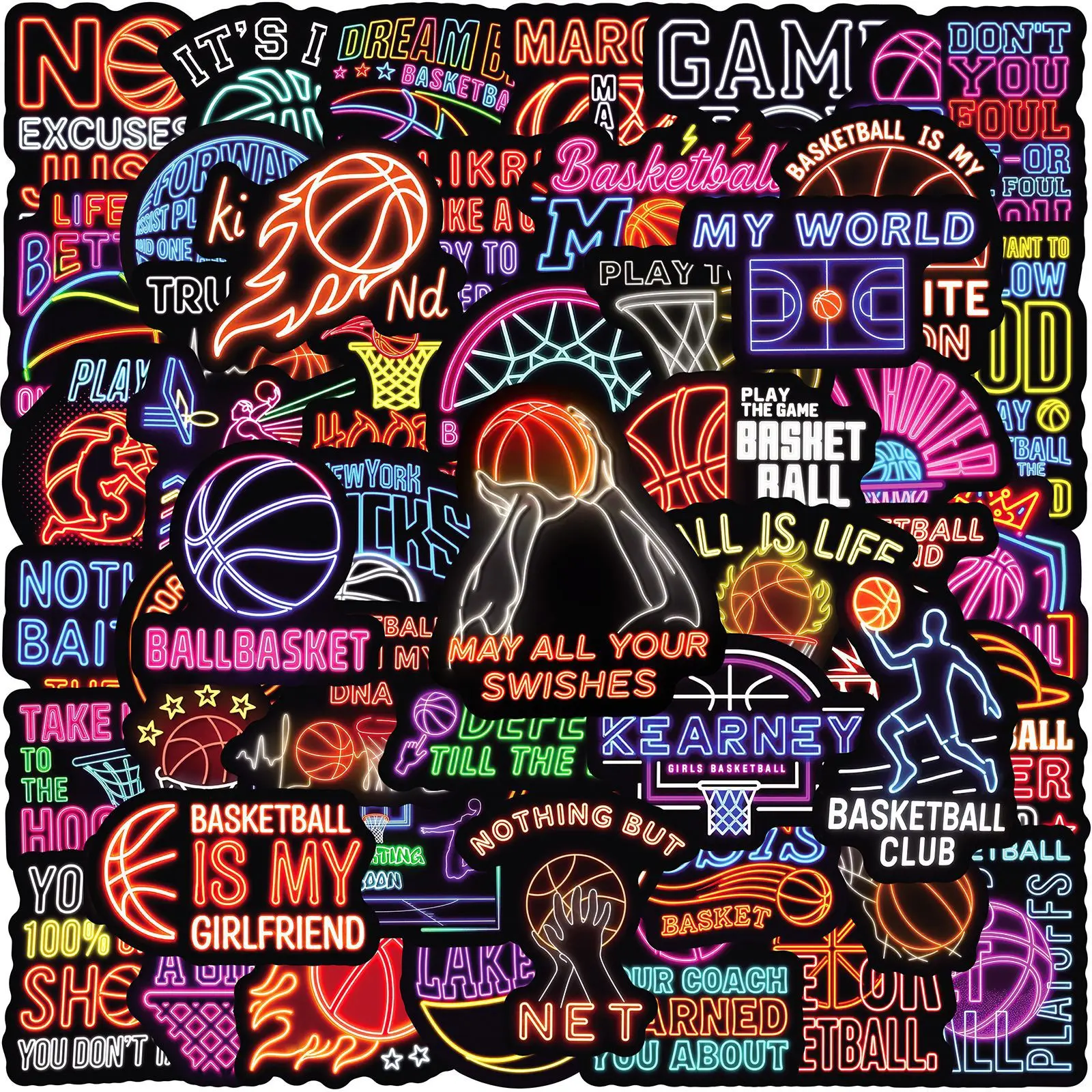 50Pcs Cartoon Neon Motivational Basketball Sports Sticker DIY Decoration Waterproof Skateboard Notebook Graffiti Toy
