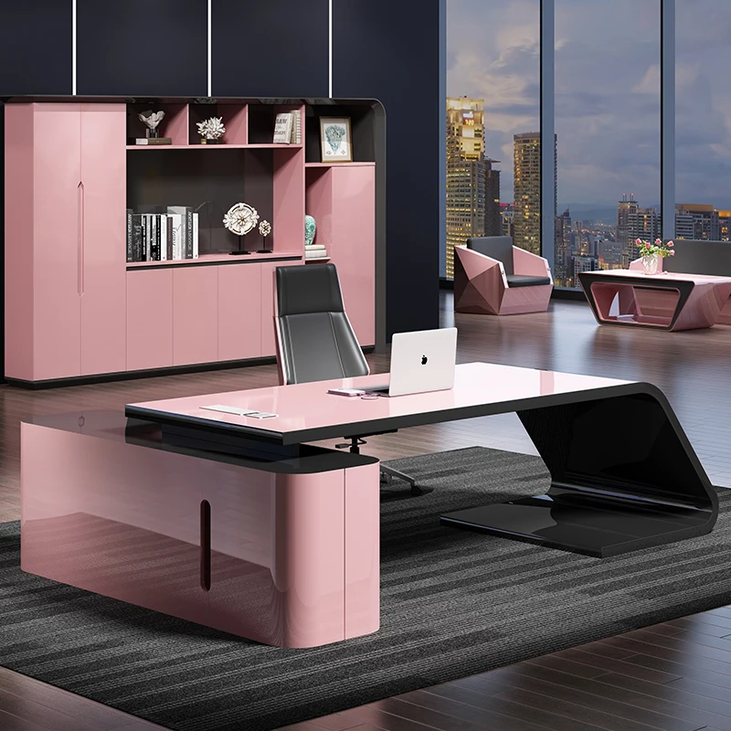 

Office furniture paint boss desk simple modern female pink president manager table and chair combination light luxury