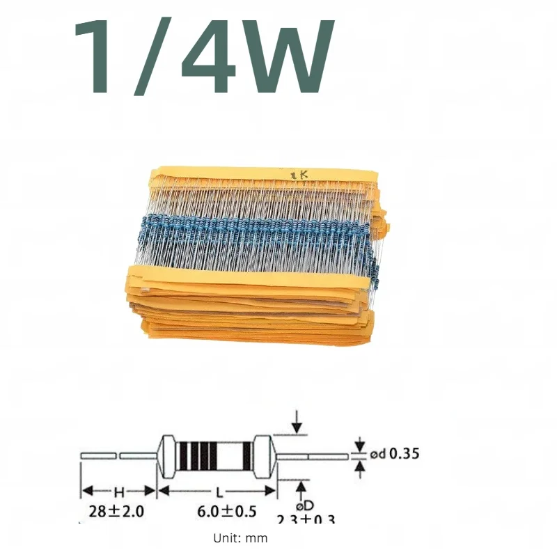 1/4W 1/2W 1W 2W 3W 5W  High Precision 1% Metal Film Resistors 0.25W 0.5W 1R 2R 2.2R 3R3.3R 1M 5-Band Color Coded Axial Resistors
