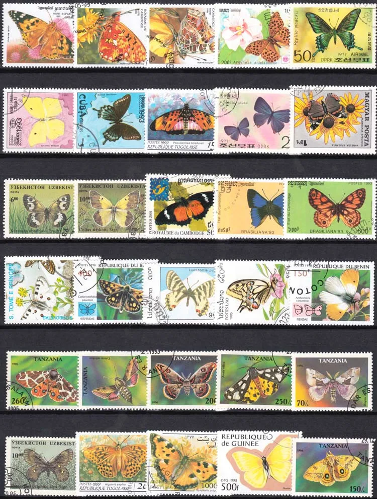 Butterfly insect  50 100 Pcs/lot Topic Stamps World Original Postage Stamp with Postmark Good Condition Collection No Repeat