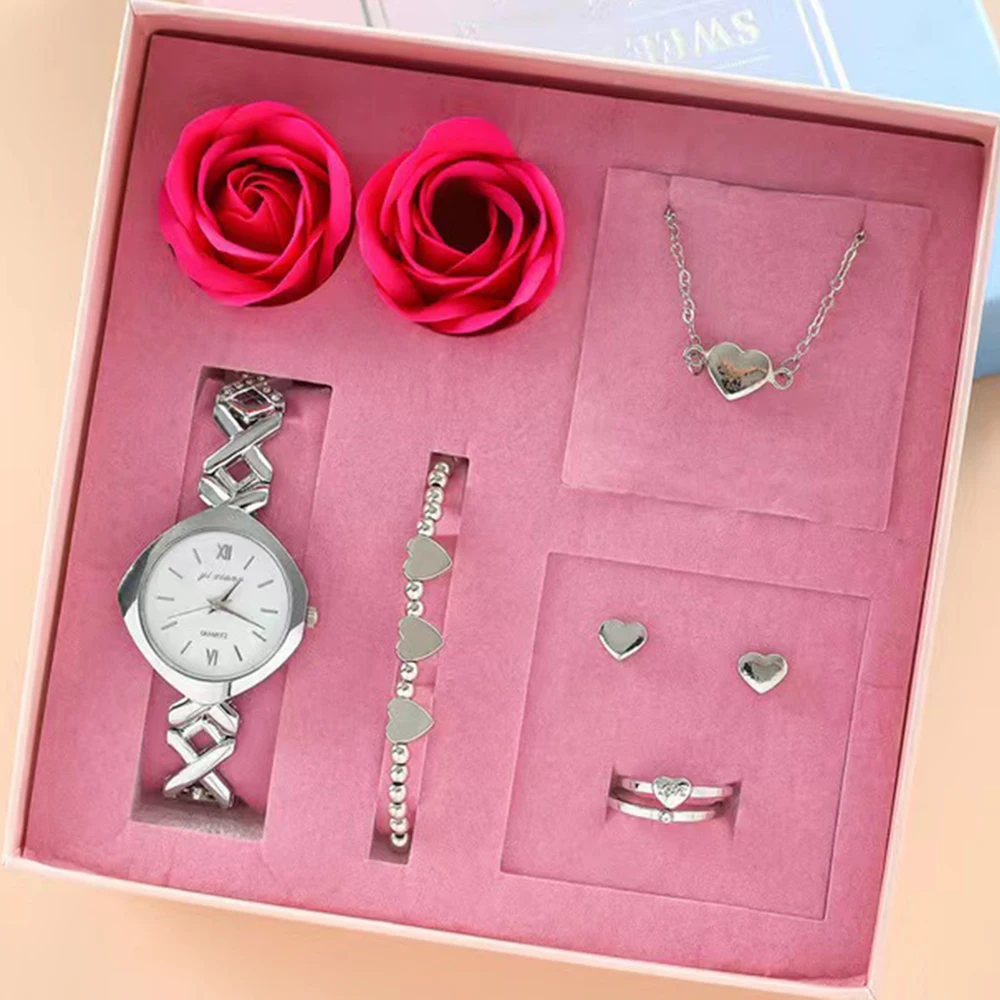 Conjunto de reloj de cuarzo para mujer, pulsera de moda, conjunto de joyería femenina, 5 piezas, collar, pendientes, anillo, relojes, regalo con caja