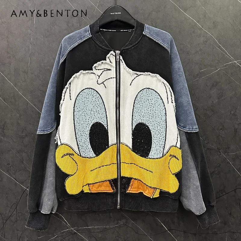 2025 Autumn Heavy Industry New Cartoon Color Block Cardigan Sweatshirts Jacket For Women's Loose Casual Fashion Top Hoodies Coat