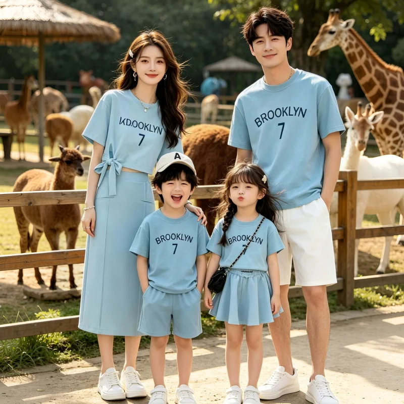 Summer Korean Style Family Matching Outfits Family Of 4 Short Sleeve Tee Mommy & Me Top Skirt 2PCS Set Casual Daily Wear Photo