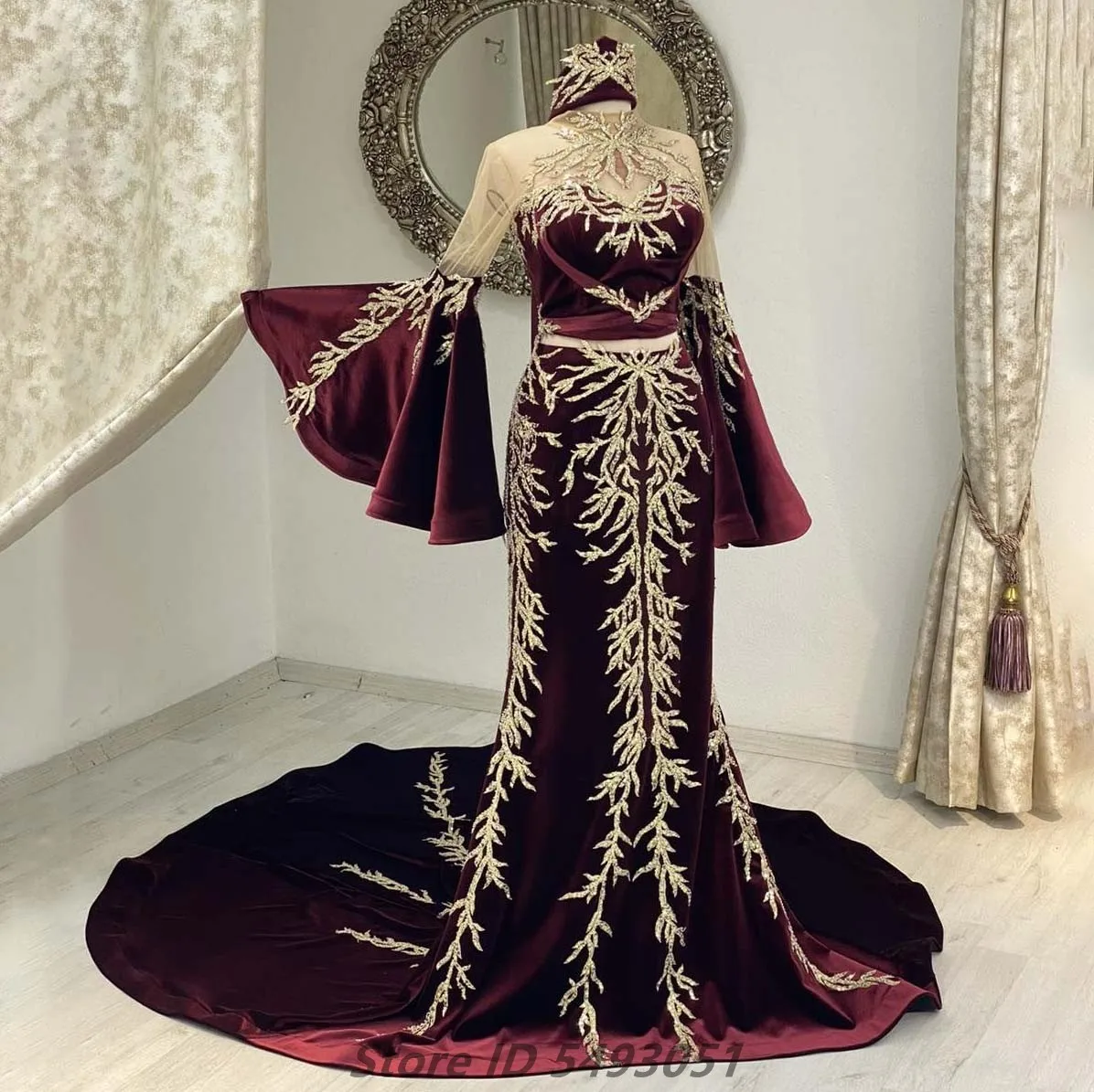 Sevintage Burgundy Mermaid Caftan Evening Dress Arabic Long Flare Sleeve Prom Gowns Appliques Lace Algerian Outfit Customized