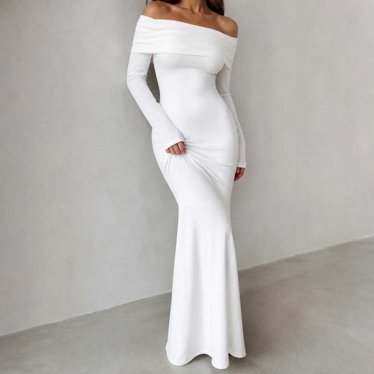 Women's Off Shoulder Long Sleeve Solid Color Long Dress for Wedding Guest Elegant Party Prom Wedding Party Guest Wedding