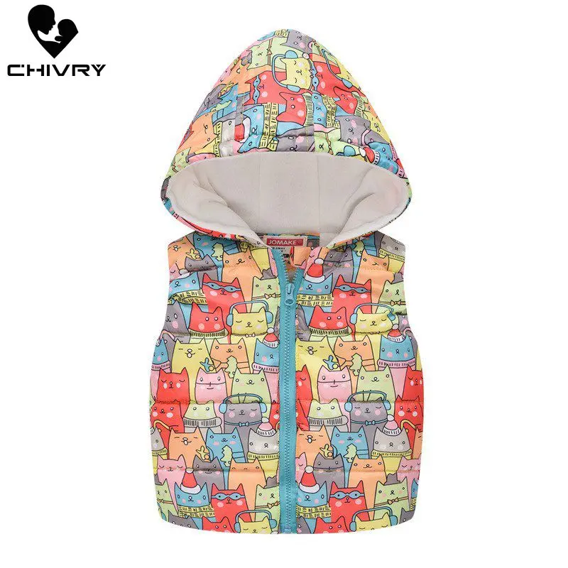 2022 Autumn Winter New Boys Girls Sleeveless Hooded Wool Vest Jacket Cartoon Print Coat Kids Warm Cashmere Vest Outwear Clothes