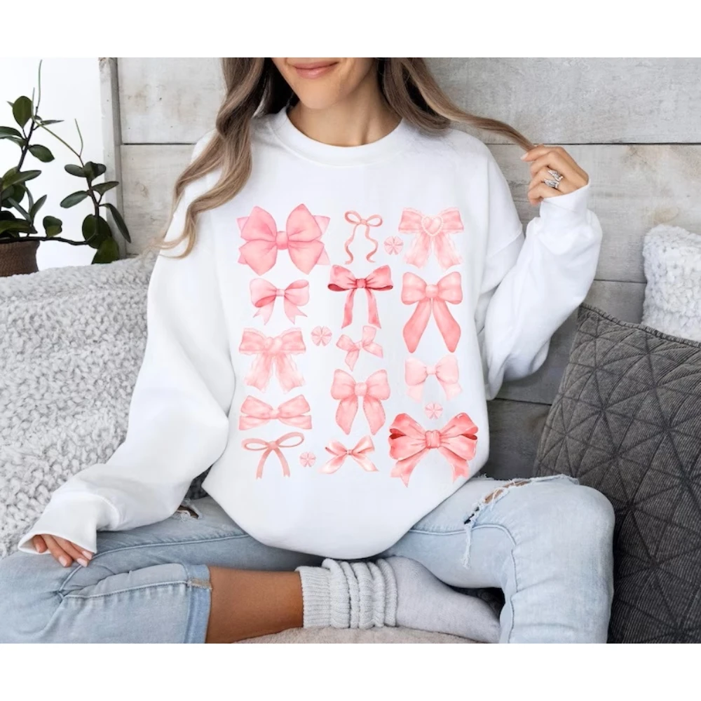 

Coquette Pink Bow Sweatshirt Y2k Women Cute Aesthetic Top Ribbon Ballerina Trendy Crewneck Kawaii Girls Friend Valentine Shirt