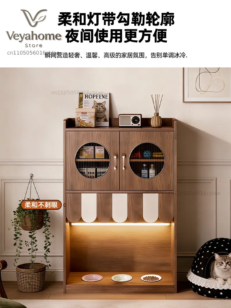Solid wood antique multi-functional chest, cat canteen cabinet integrated human pet shared furniture, pet supplies storage