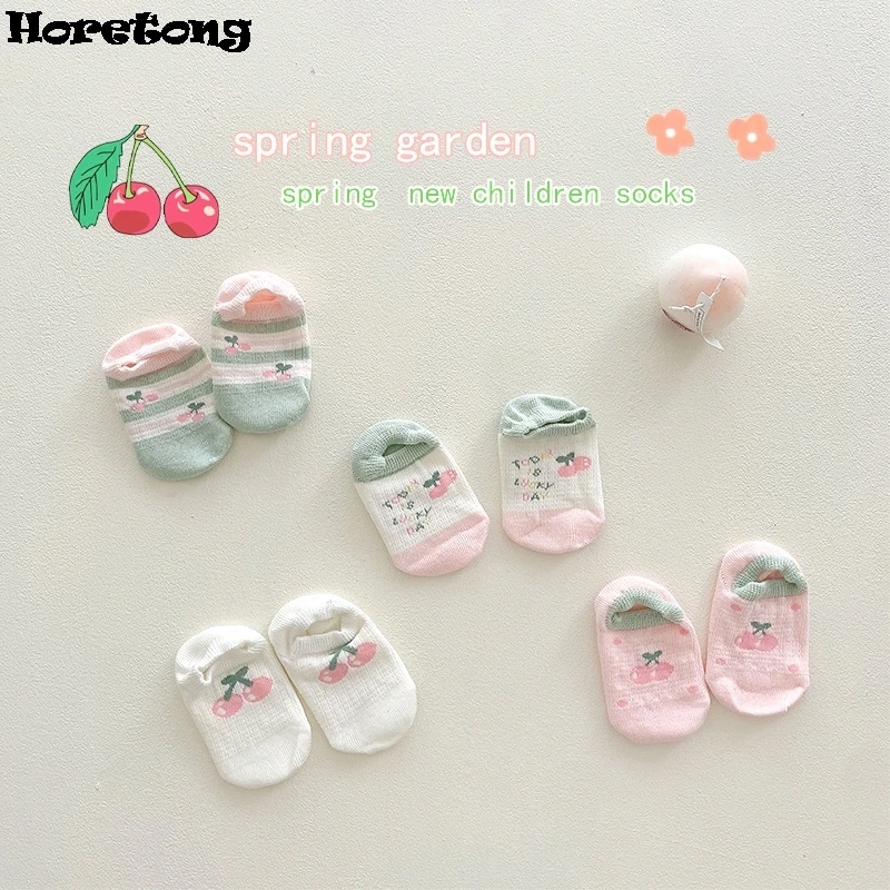 Horetong 4 Pairs Summer Children Korean Fashion Cute Cherry Print Breathable Comfortable Invisible Cotton Boat Socks For 1-12 Y