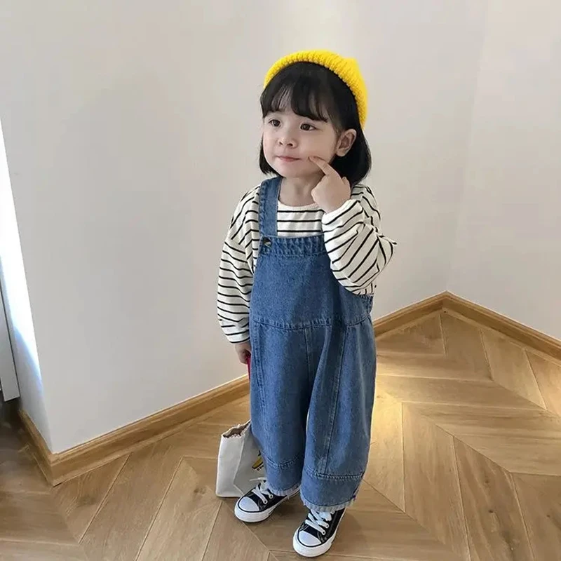 Baby Girl Spring Autumn Korean Style Loose Jumpsuit Boys Girls Universal Denim Overalls Children Fashion All Match Ninth Pants