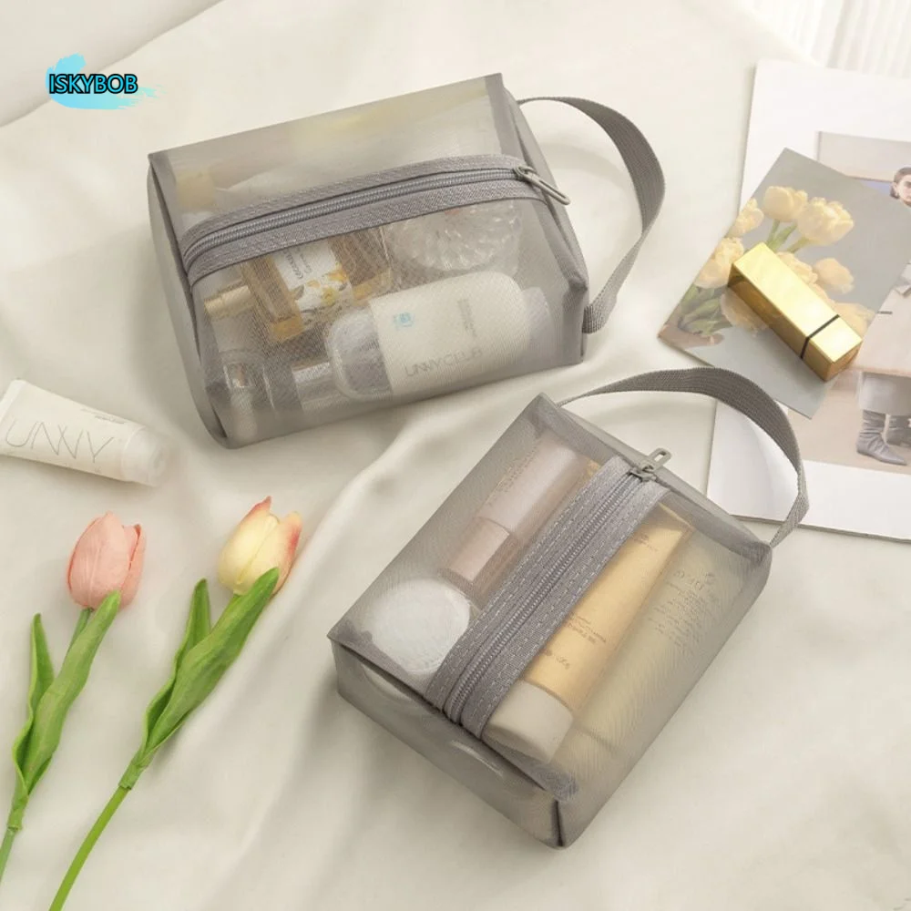 

Simple Portable Mesh Makeup Bag Square Zipper Storage Toiletry Bag Large Capacity Lightweight Cosmetic Cases Bathroom