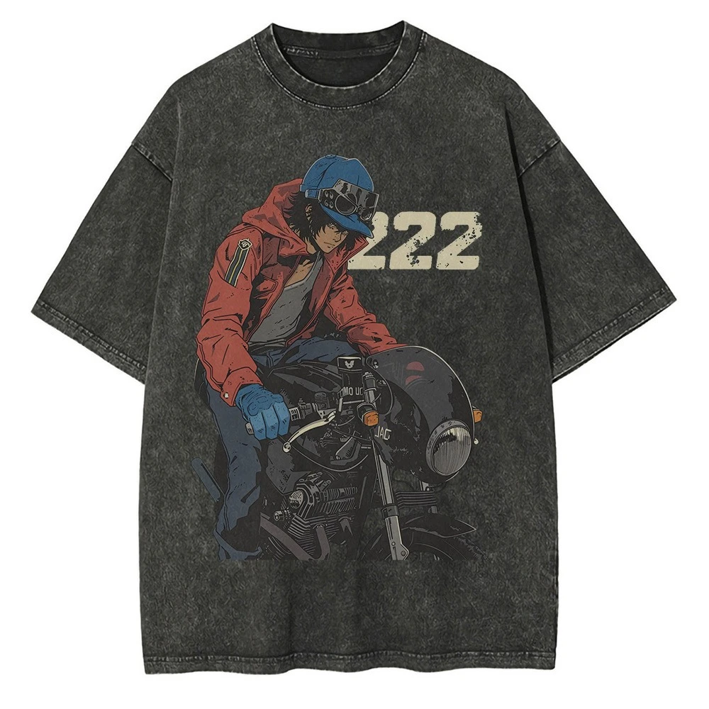 

Heavyweight Cotton Washed T Shirt Anime Character Motorcycle Printed Graphic T Shirts Drop Shoulder Vintage Oversized T Shirt