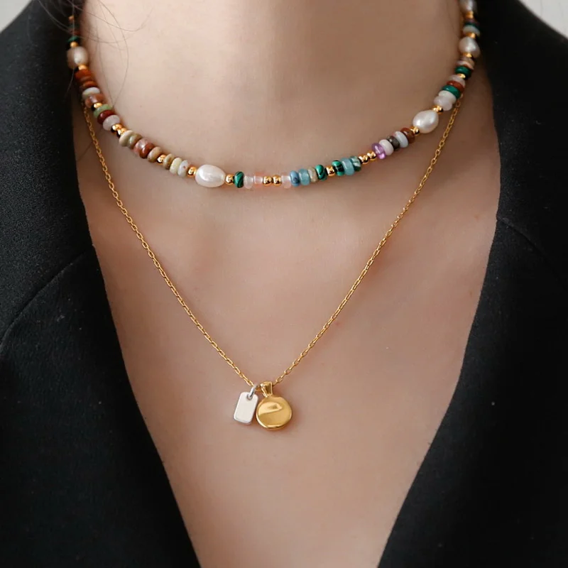 

Brass 2 Tone Natural Beads Pearl Necklace Women Jewelry Punk Designer Runway Rare Gown Boho Japan Korean