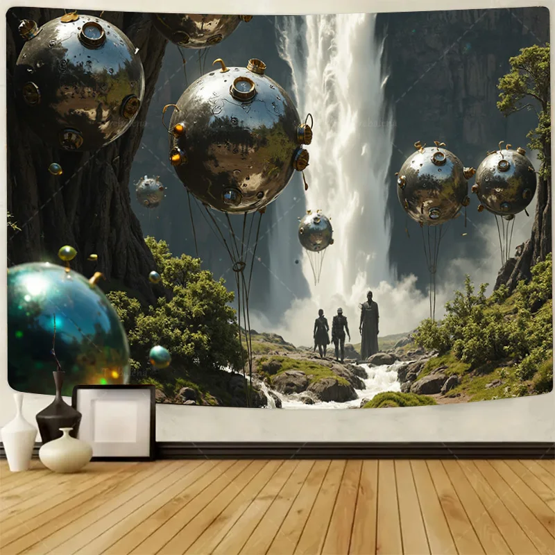 

1pc Wall Tapestry "Futuristic Fantasy Forest Waterfall Scene with Metallic Spheres Tapestry"