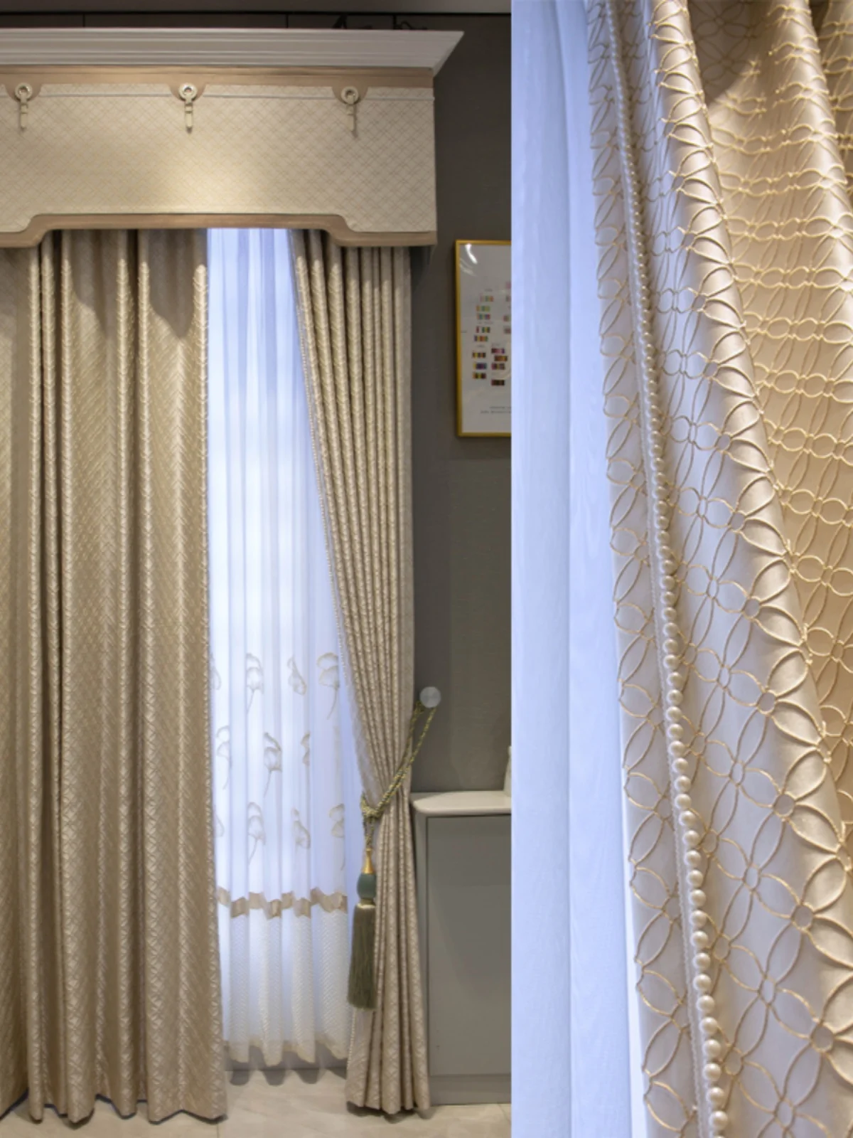 

Custom French milk tea color luxury 3D embroidery simple modern bedroom cloth blackout curtain tulle valance drape C1673