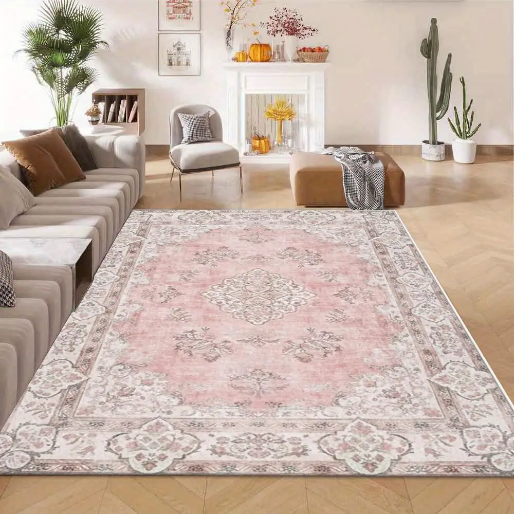 Pink Distressed Vintage Medallion Area Rug, Non-Slip Washable Soft Carpet for Living Room Bedroom Home Decor