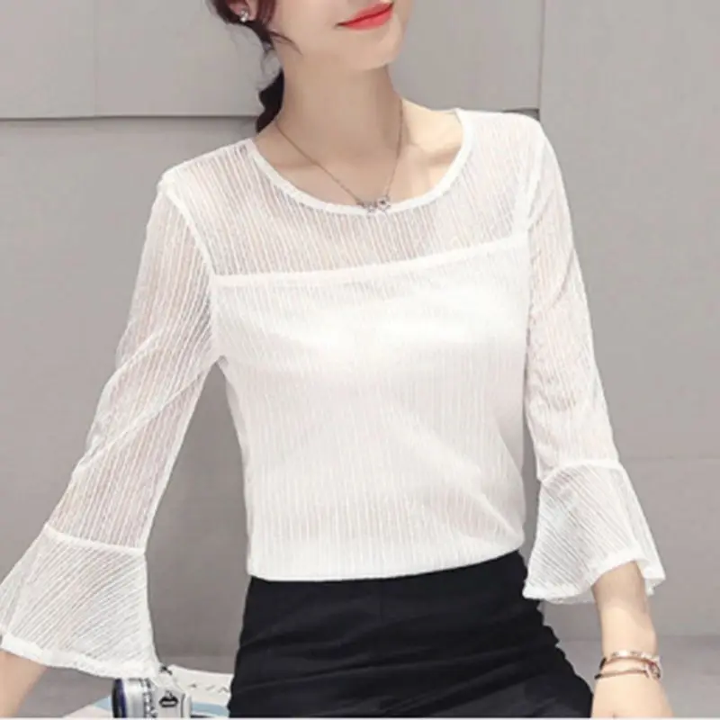 Elegante Effen Kleur Spliced Losse Flare Mouw Blouse Vrouwen Kleding 2023 Zomer Nieuwe Oversized Casual Truien Chic Shirt