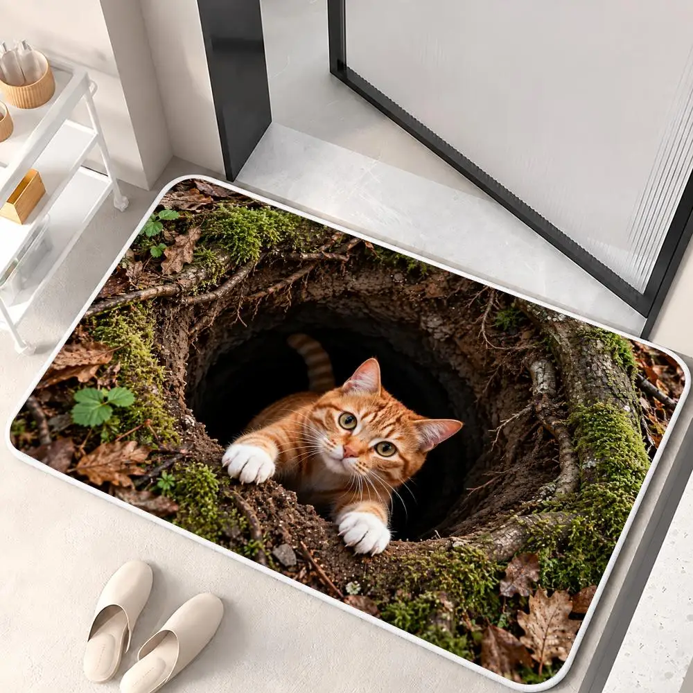 Cute Ginger Cat Peeking Hole Floor Mat Flannel Rug Soft Non Slip Washable Door Mat for Bathroom Bedroom Kitchen Home Decor