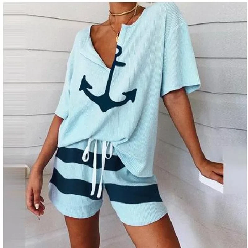 340526003Women's V-neck boat anchor pattern printed short sleeved top wide leg pants shorts loose and slimming set