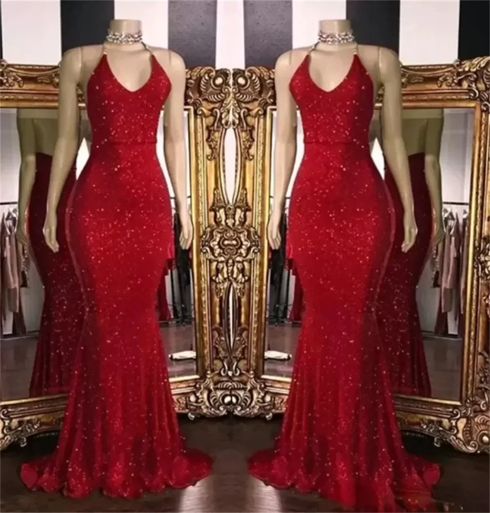 Sexy Red Prom Dress For Women V-Neck Spaghetti Straps Sleevelss Party Dress Mermaid Sparkly Sequin Floor-Length Evening Dress